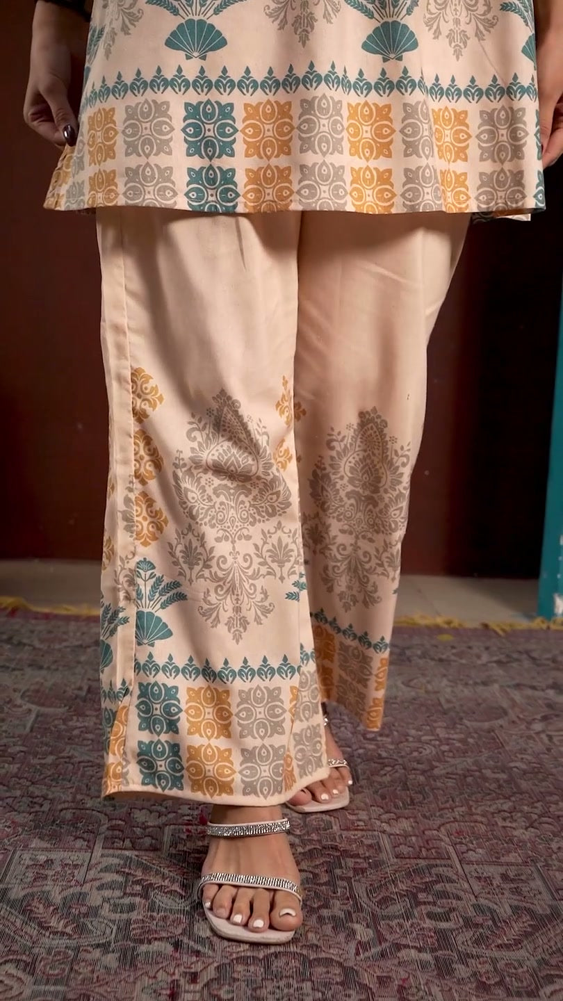 Peach Floral Sequin Kurti Palazzo Set