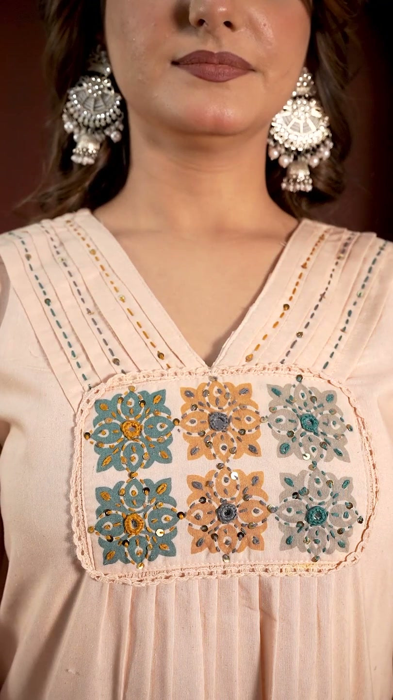 Peach Floral Sequin Kurti Palazzo Set