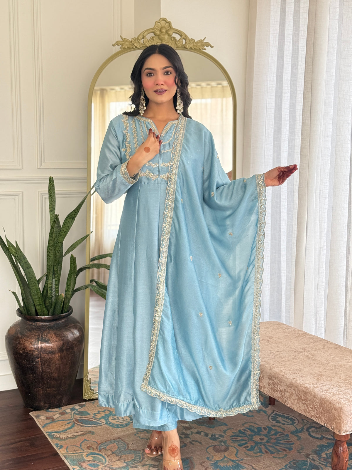 Women's Embroidered Anarkali and Pant with Dupatta Set