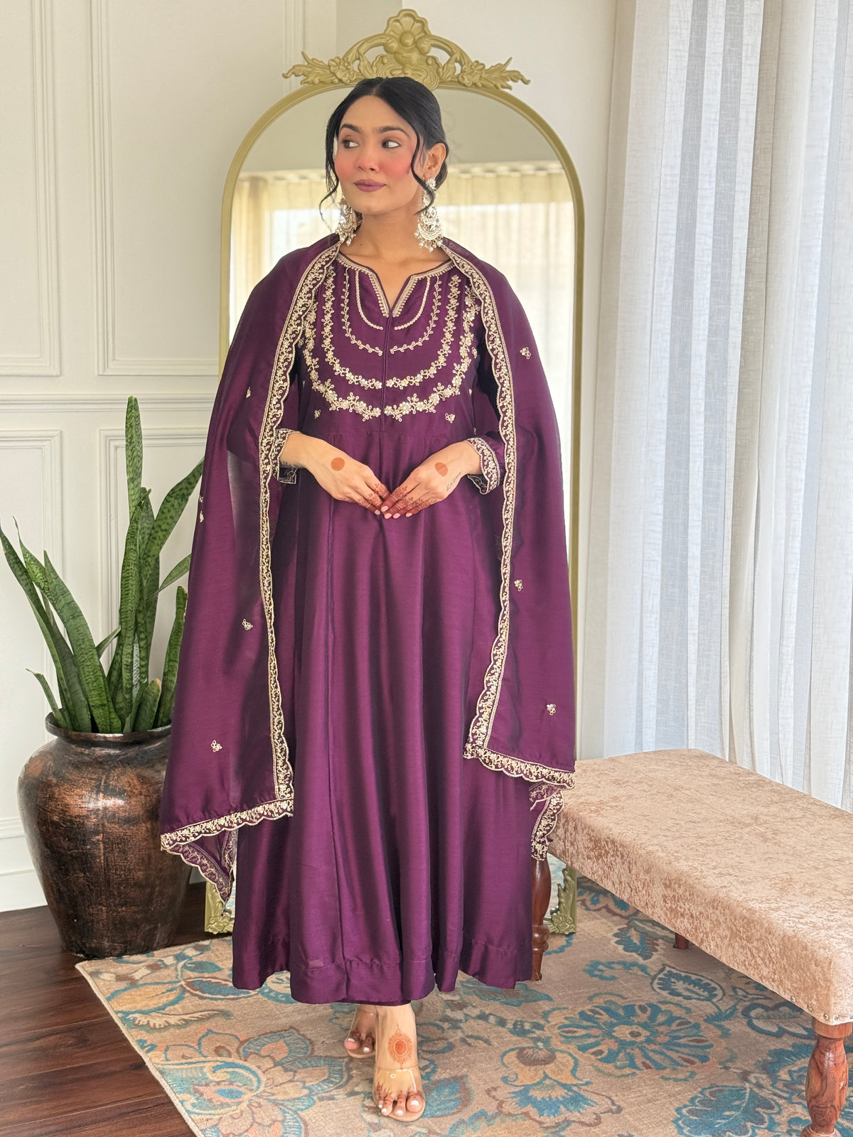 Women's Embroidered Anarkali and Pant with Dupatta Set