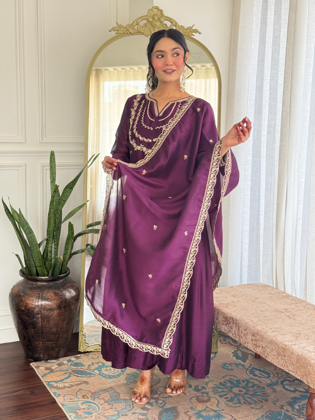 Women's Embroidered Anarkali and Pant with Dupatta Set
