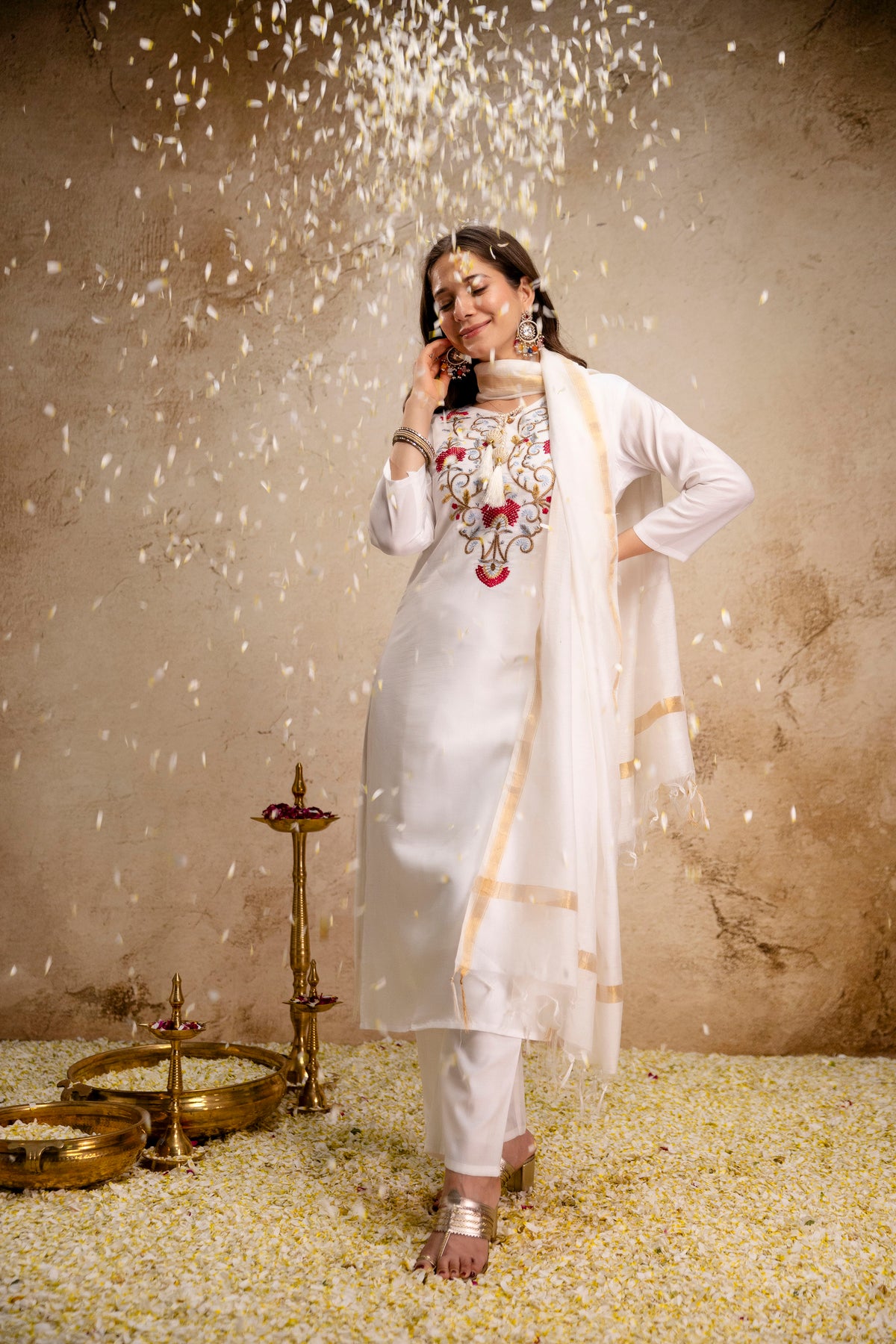 Women’s Ethnic Kurta Set with Detailed Embroidered Yoke and Dupatta – Classic Straight Fit Ensemble for Festive, Wedding, and Occasion Wear