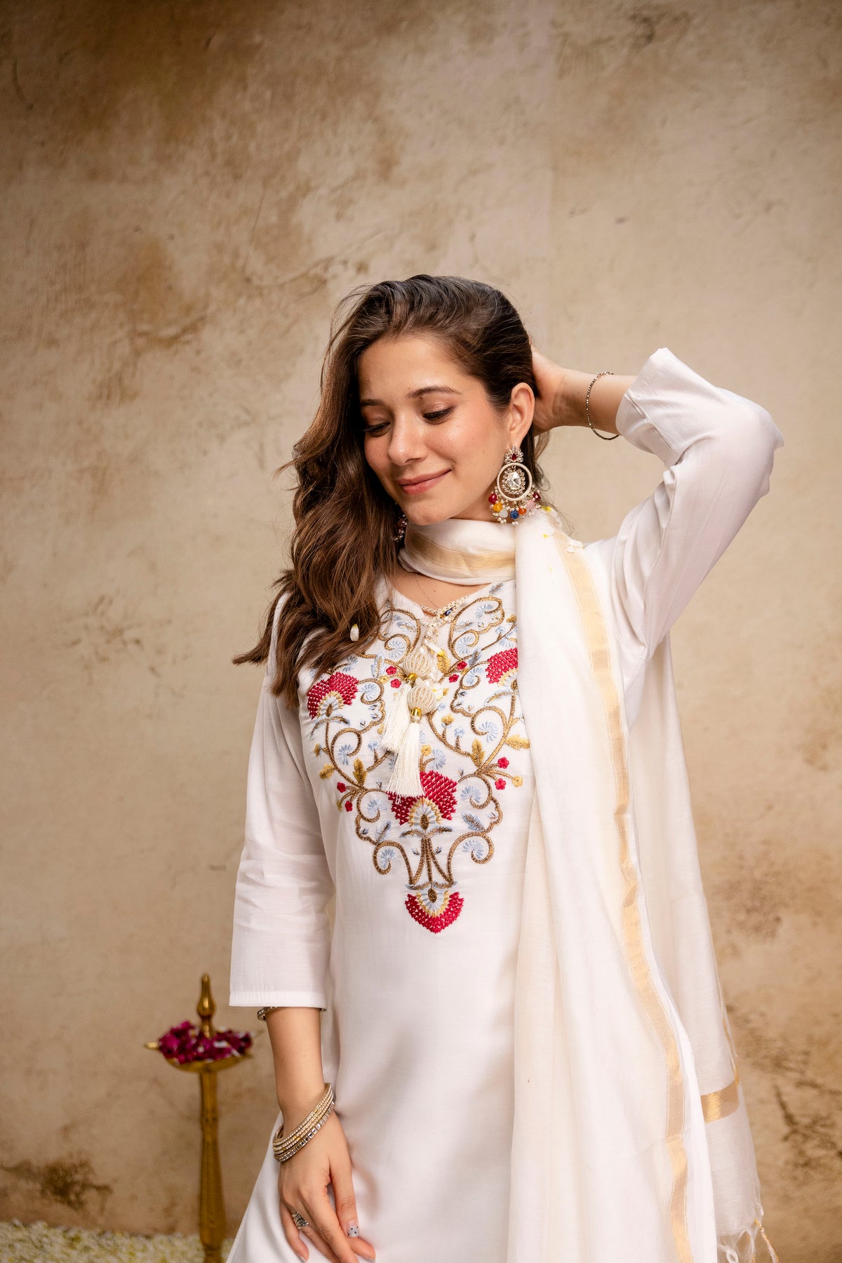 Women’s Ethnic Kurta Set with Detailed Embroidered Yoke and Dupatta – Classic Straight Fit Ensemble for Festive, Wedding, and Occasion Wear