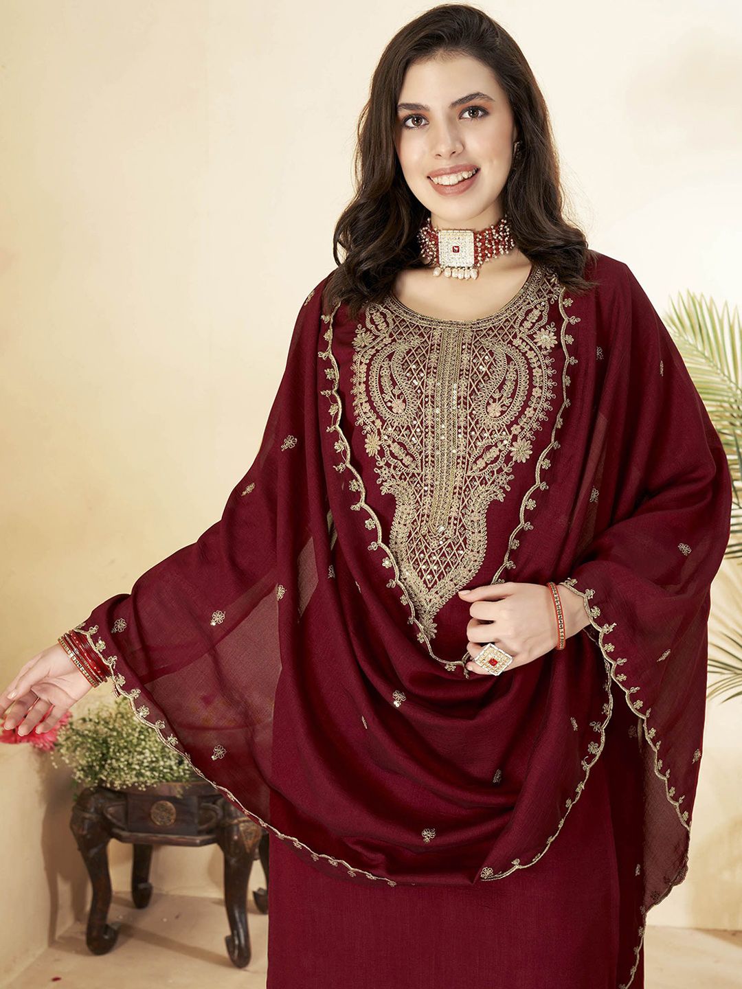 WOMEN'S  Embroidered Vichitra & Embroidered Dupatta Set