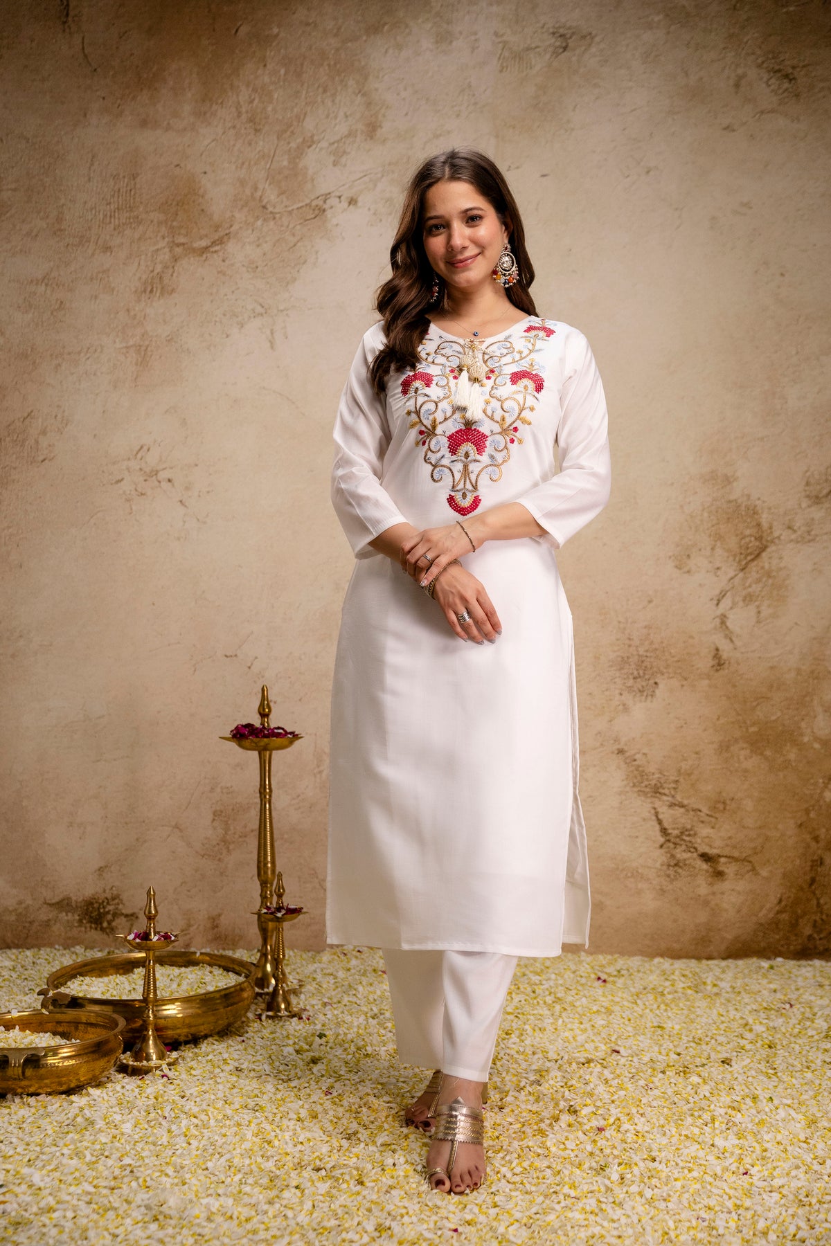 Women’s Ethnic Kurta Set with Detailed Embroidered Yoke and Dupatta – Classic Straight Fit Ensemble for Festive, Wedding, and Occasion Wear