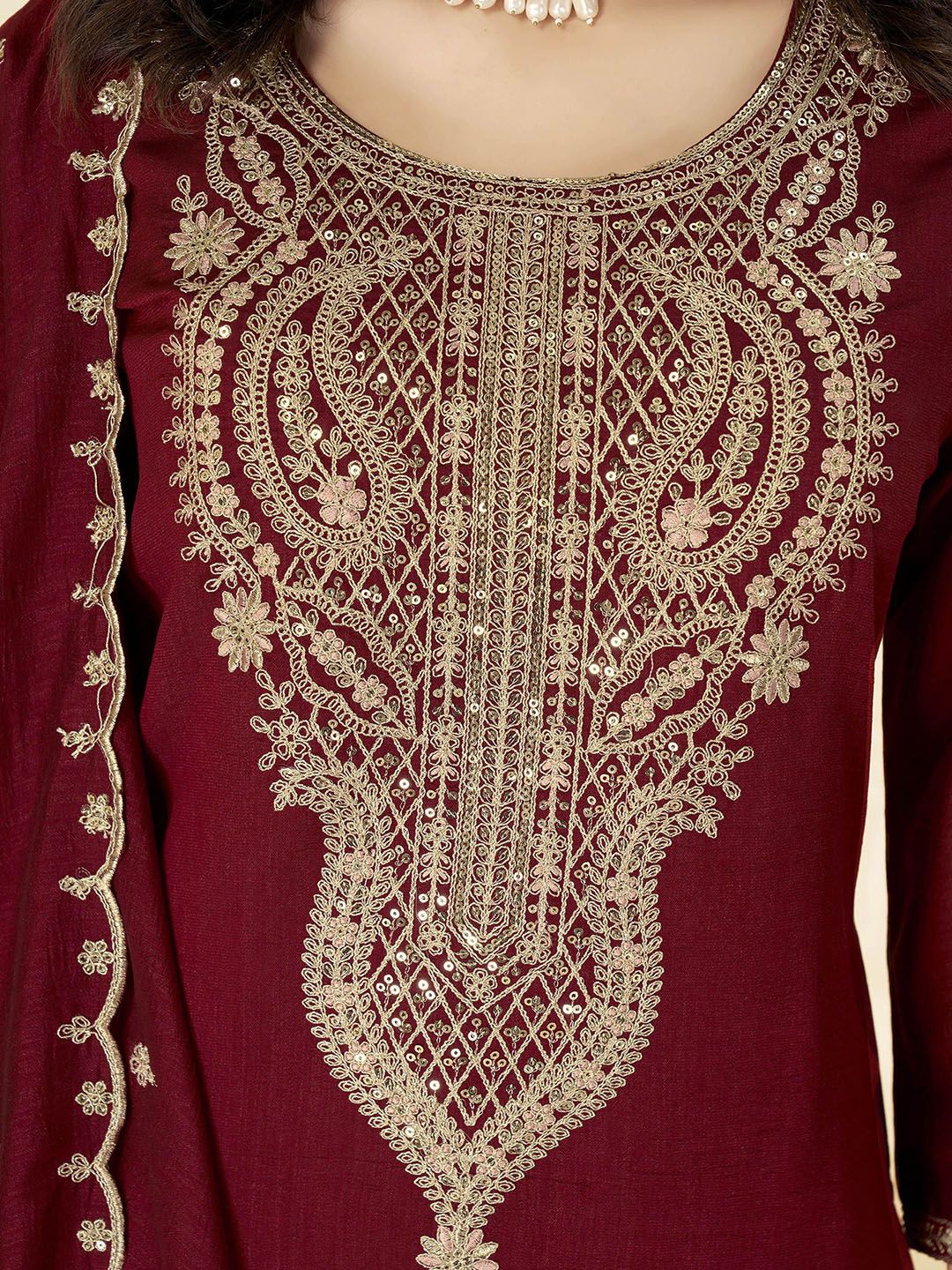 WOMEN'S  Embroidered Vichitra & Embroidered Dupatta Set
