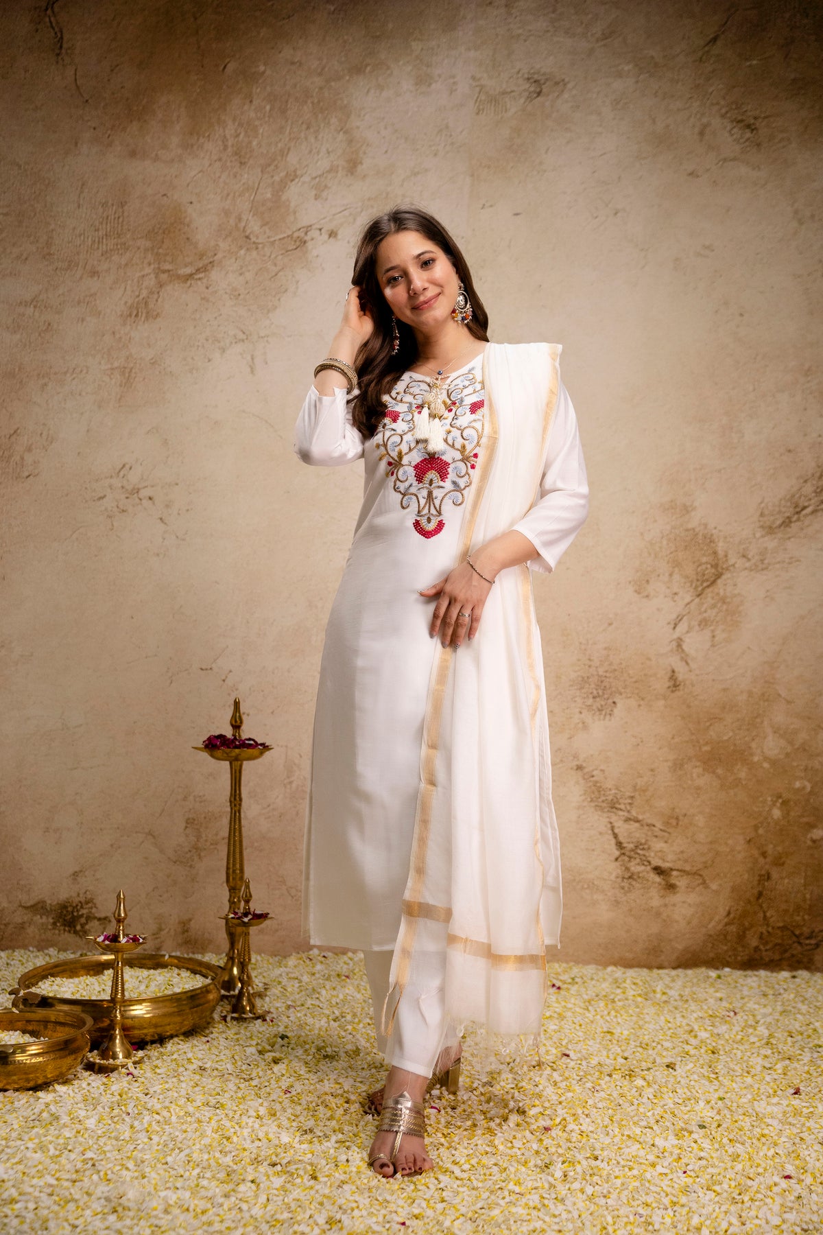 Women’s Ethnic Kurta Set with Detailed Embroidered Yoke and Dupatta – Classic Straight Fit Ensemble for Festive, Wedding, and Occasion Wear