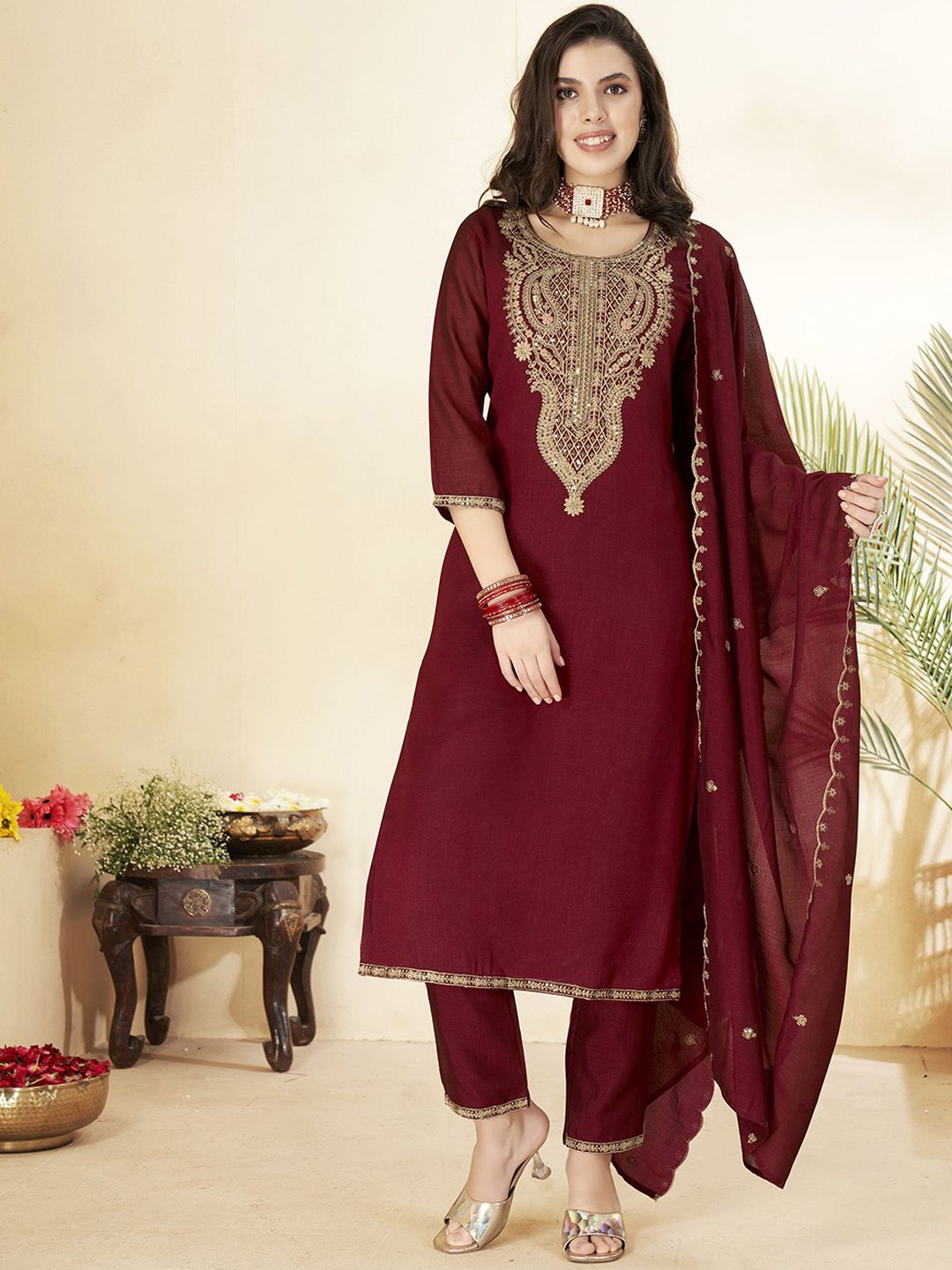 WOMEN'S  Embroidered Vichitra & Embroidered Dupatta Set