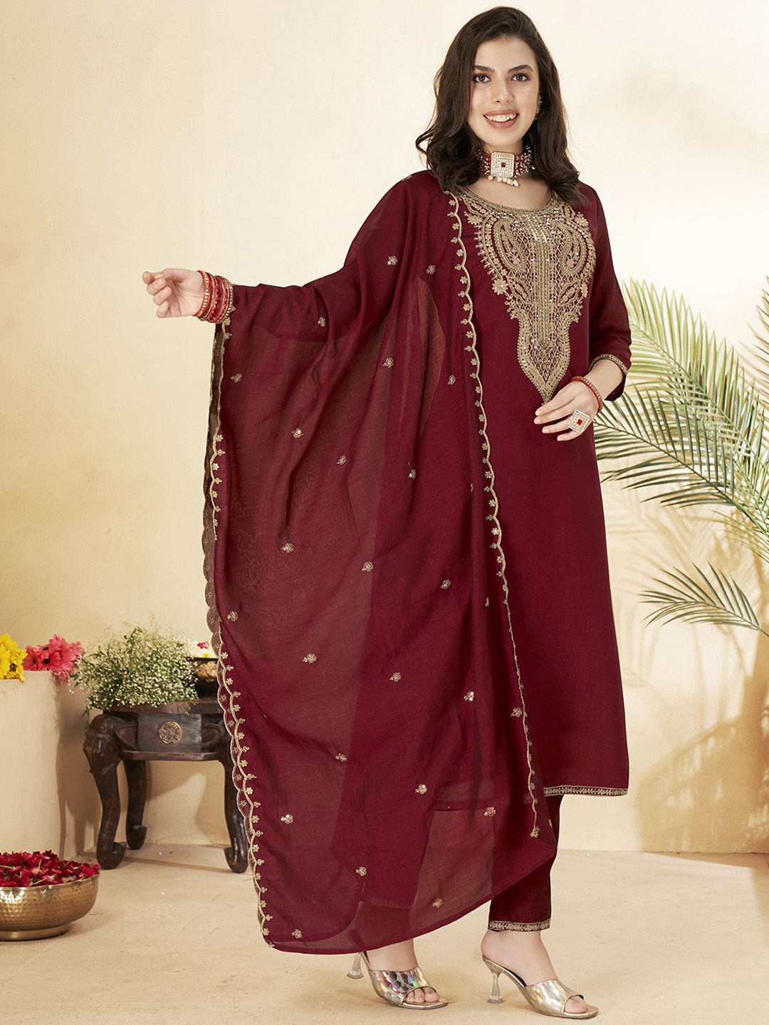 WOMEN'S  Embroidered Vichitra & Embroidered Dupatta Set