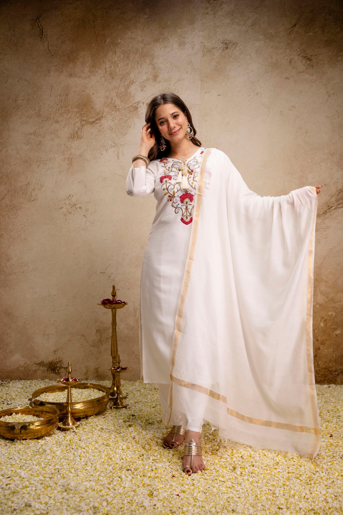 Women’s Ethnic Kurta Set with Detailed Embroidered Yoke and Dupatta – Classic Straight Fit Ensemble for Festive, Wedding, and Occasion Wear