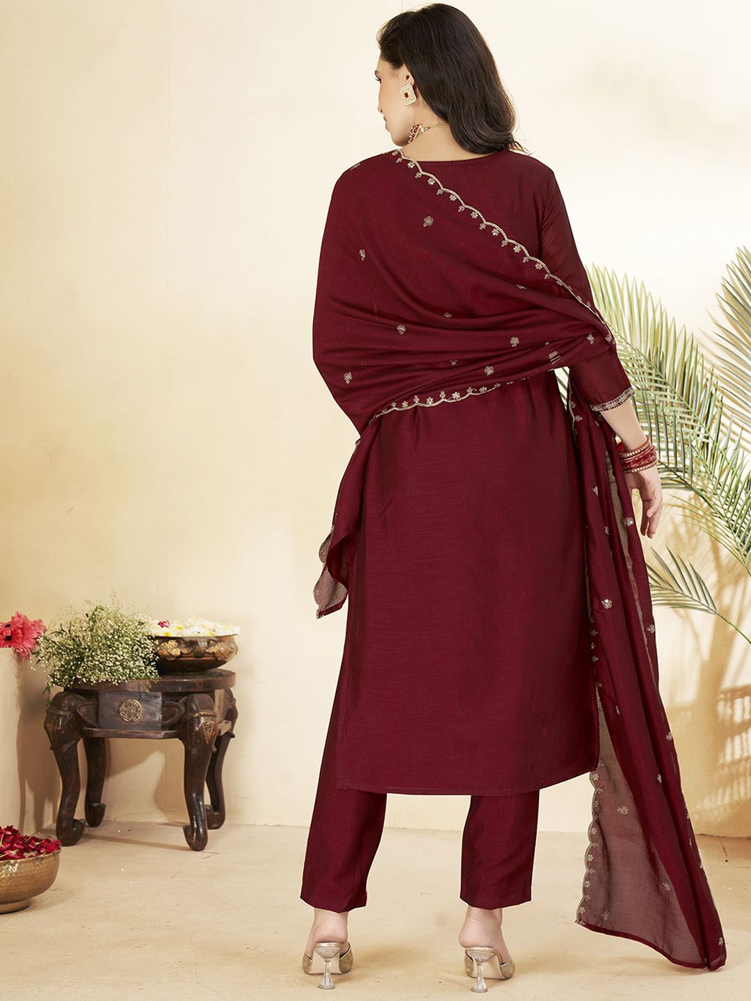 WOMEN'S  Embroidered Vichitra & Embroidered Dupatta Set