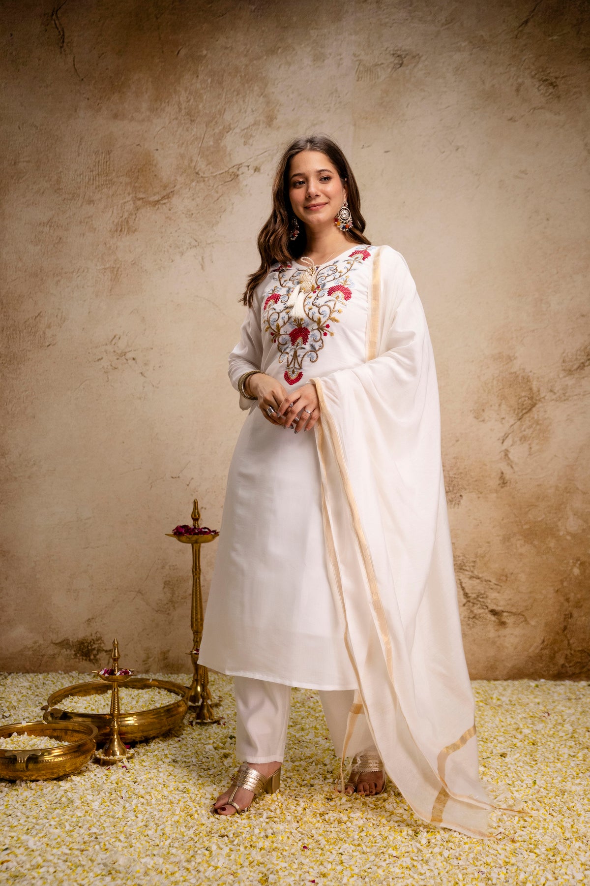 Women’s Ethnic Kurta Set with Detailed Embroidered Yoke and Dupatta – Classic Straight Fit Ensemble for Festive, Wedding, and Occasion Wear