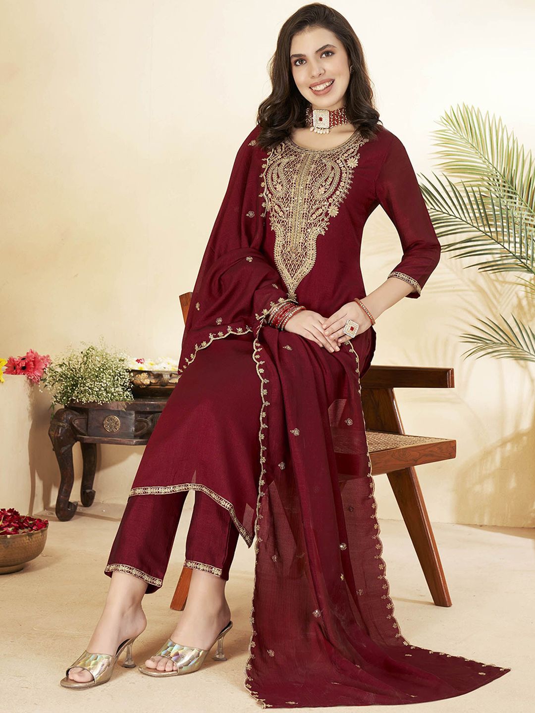 WOMEN'S  Embroidered Vichitra & Embroidered Dupatta Set