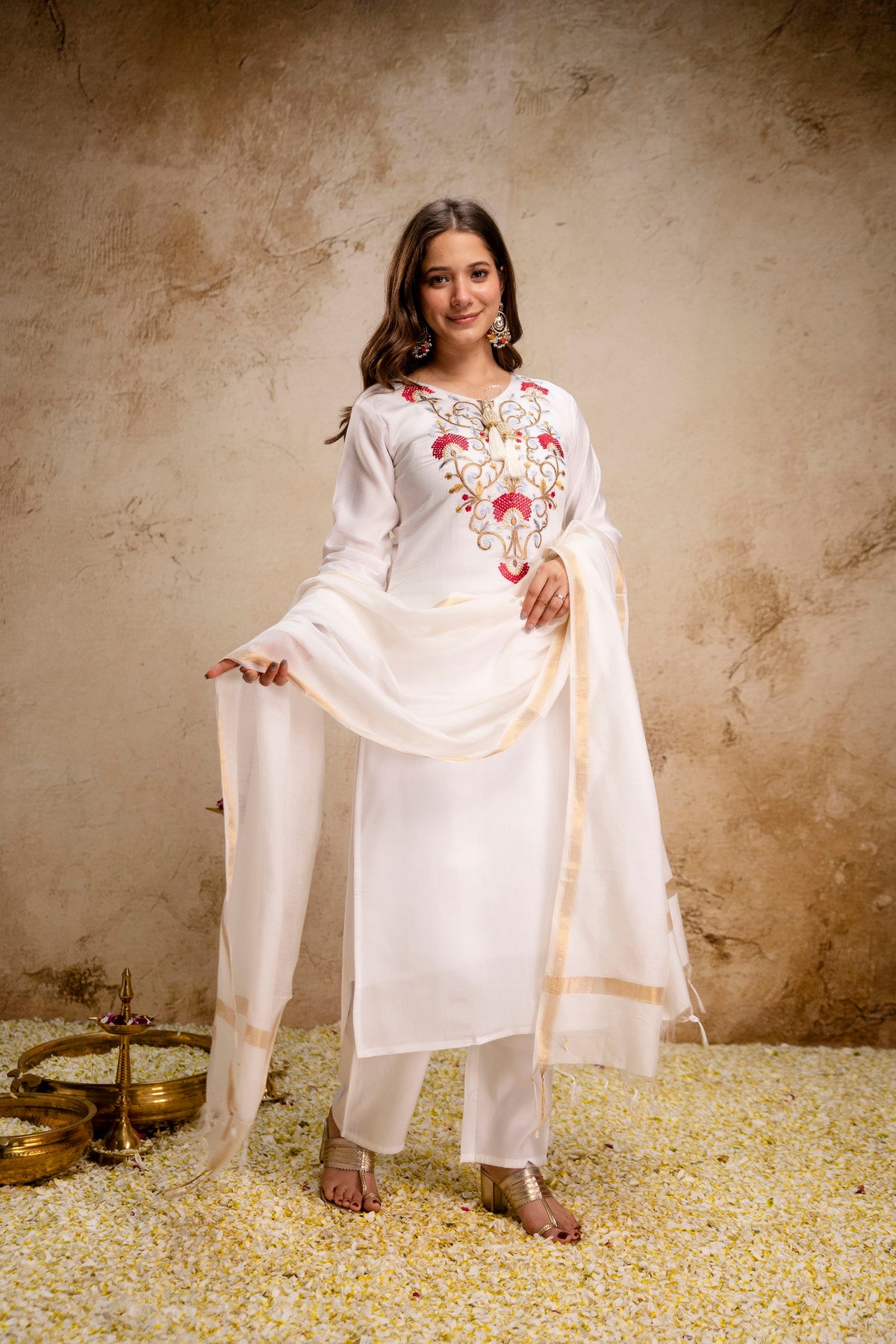 Women’s Ethnic Kurta Set with Detailed Embroidered Yoke and Dupatta – Classic Straight Fit Ensemble for Festive, Wedding, and Occasion Wear