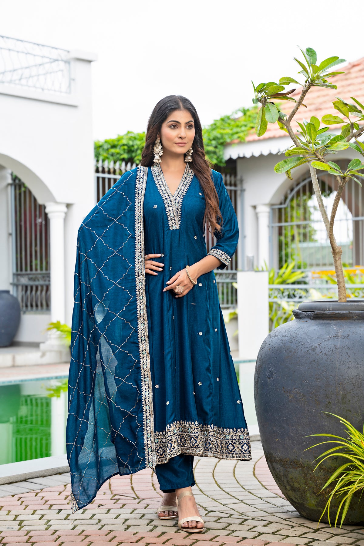 Women's Embroidered Anarkali and Pant with Dupatta Set