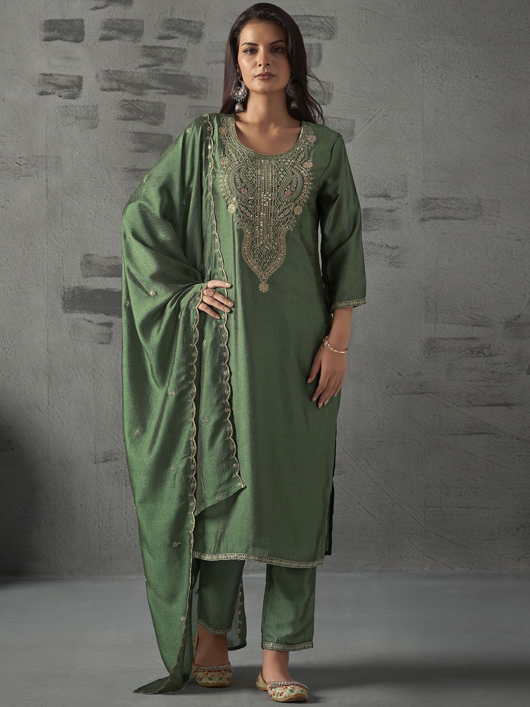 WOMEN'S  Embroidered Vichitra & Embroidered Dupatta Set