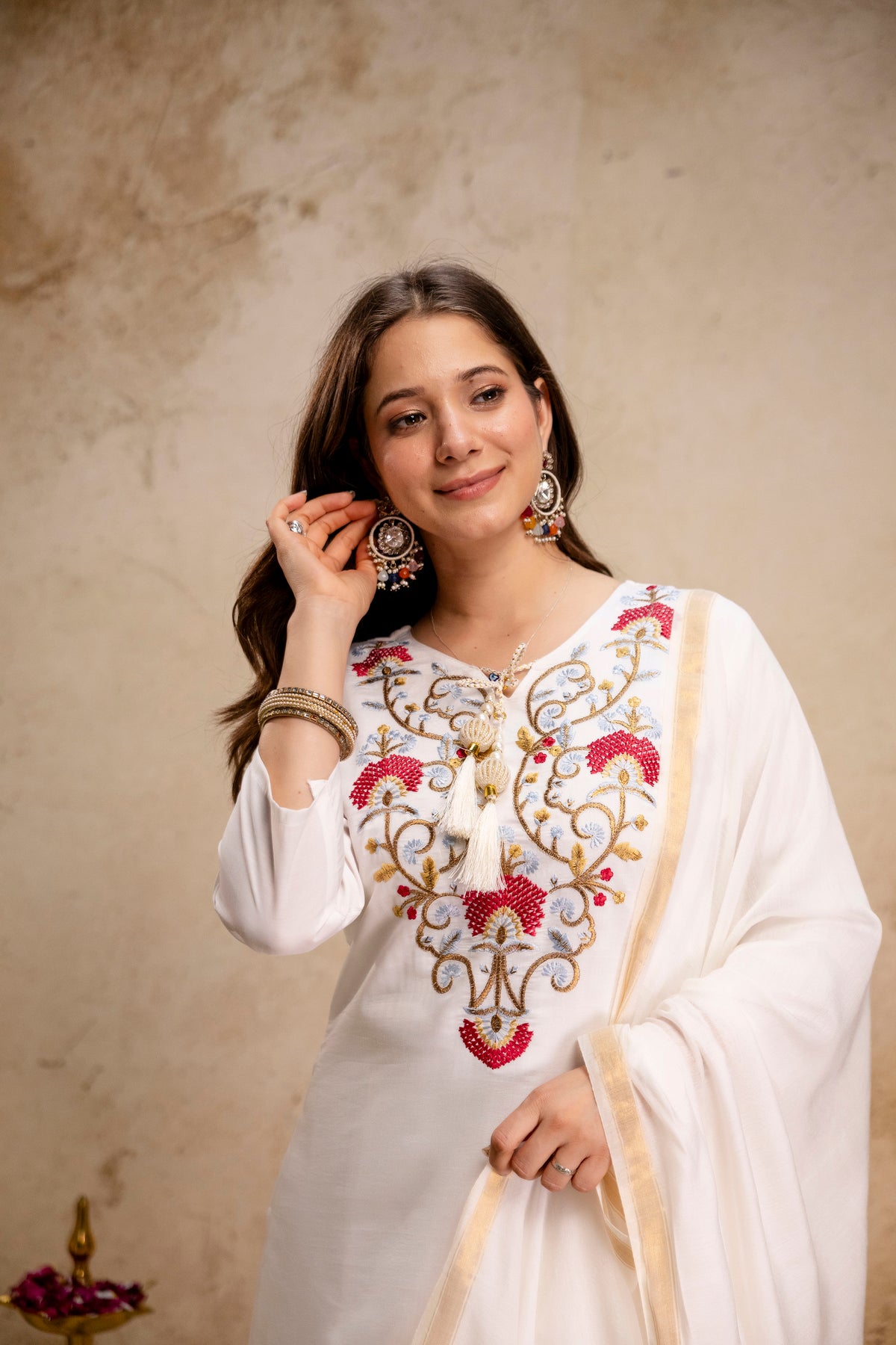 Women’s Ethnic Kurta Set with Detailed Embroidered Yoke and Dupatta – Classic Straight Fit Ensemble for Festive, Wedding, and Occasion Wear