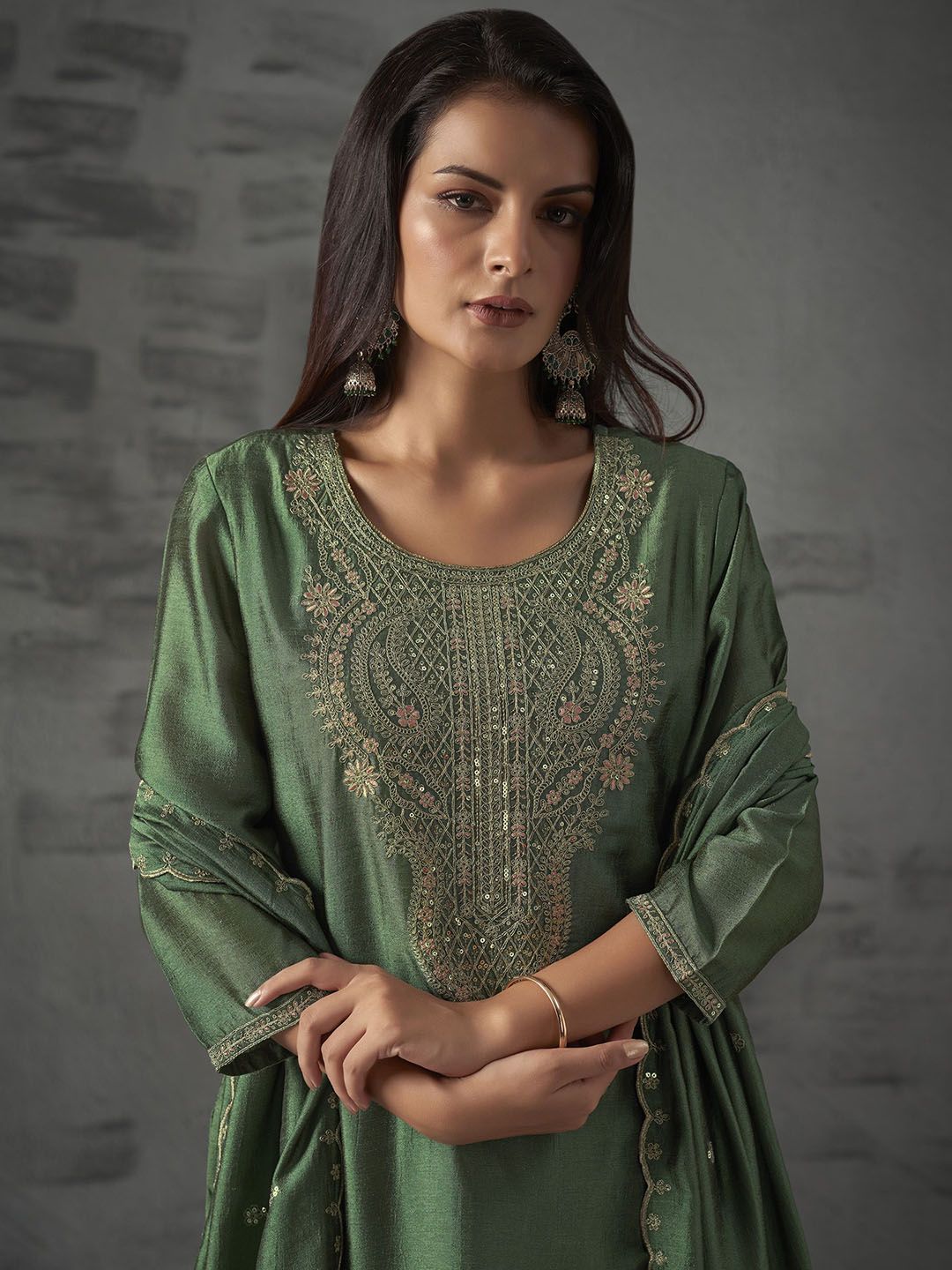 WOMEN'S  Embroidered Vichitra & Embroidered Dupatta Set