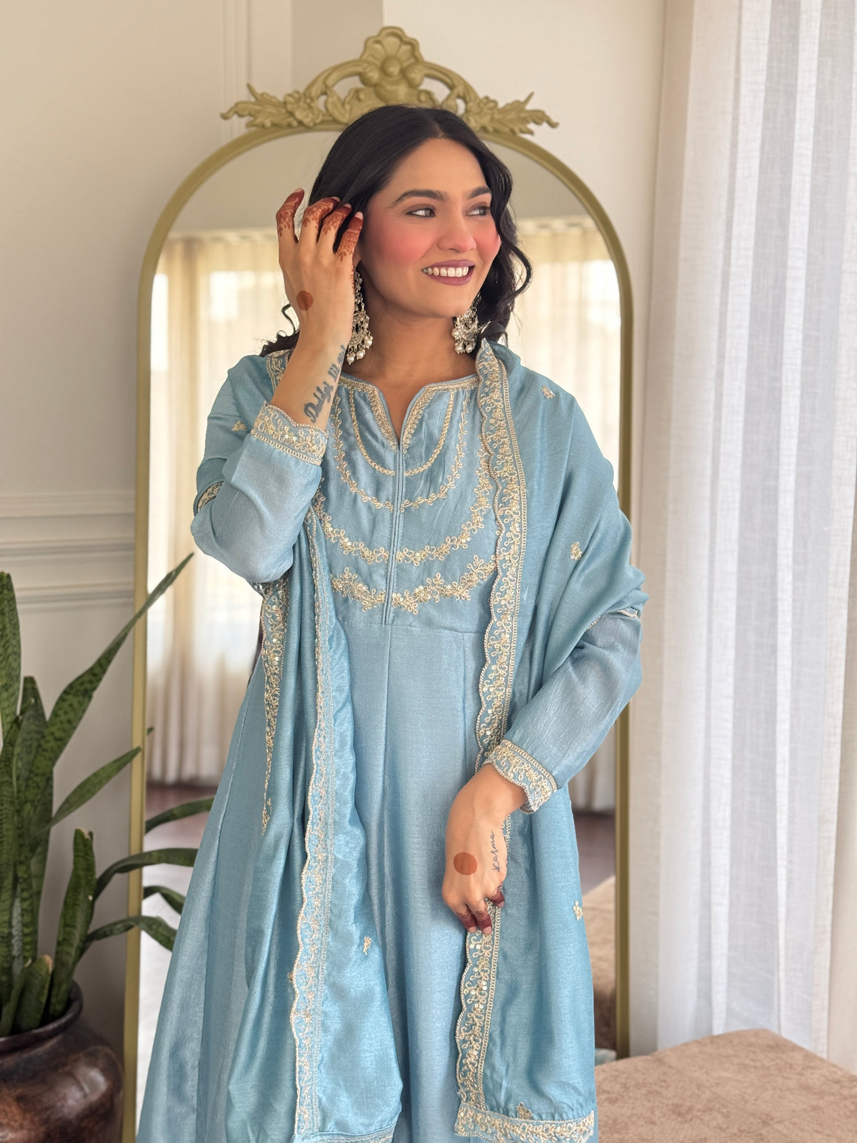 Women's Embroidered Anarkali and Pant with Dupatta Set