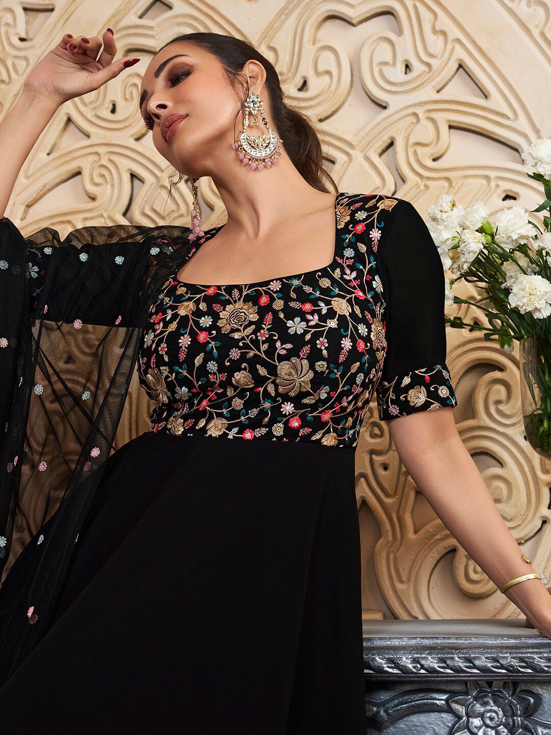 Black Floral Embroidered Sequinned Georgette Anarkali Kurta With Dupatta