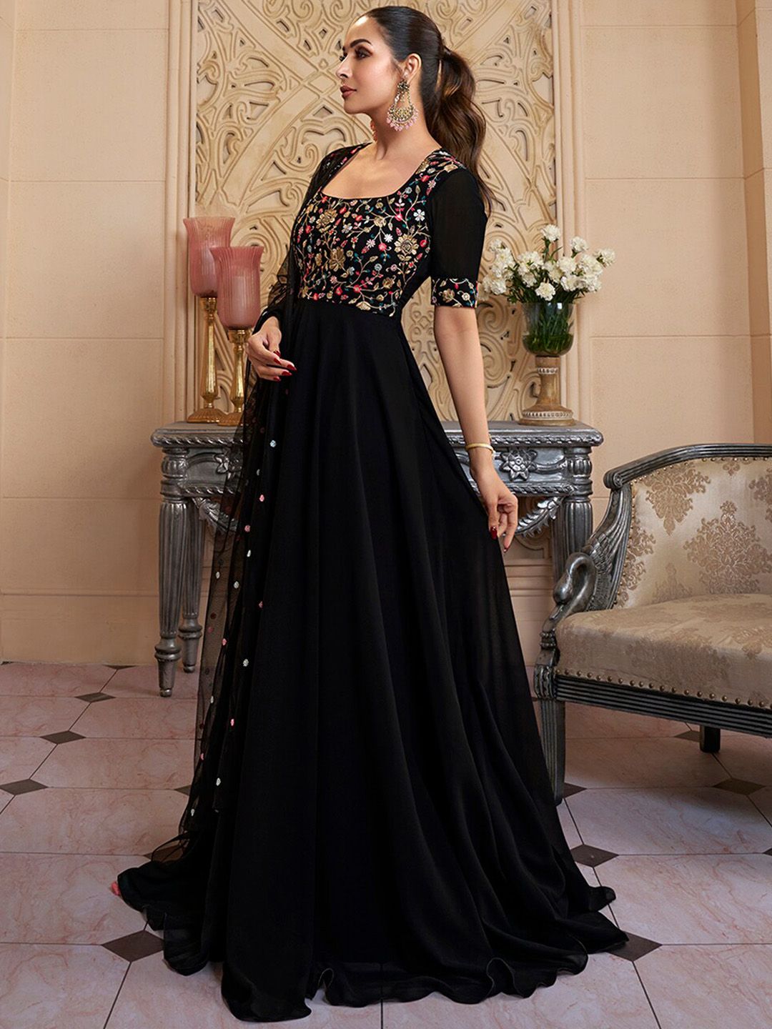 Black Floral Embroidered Sequinned Georgette Anarkali Kurta With Dupatta