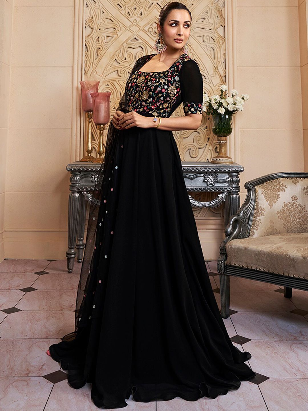 Black Floral Embroidered Sequinned Georgette Anarkali Kurta With Dupatta