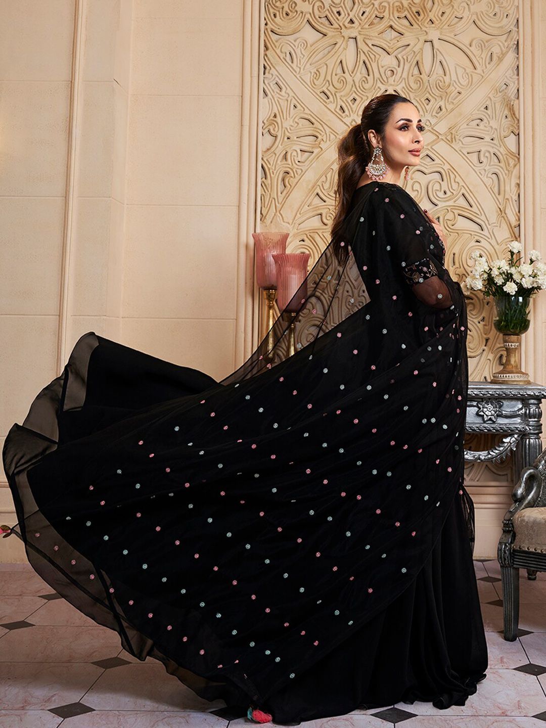 Black Floral Embroidered Sequinned Georgette Anarkali Kurta With Dupatta