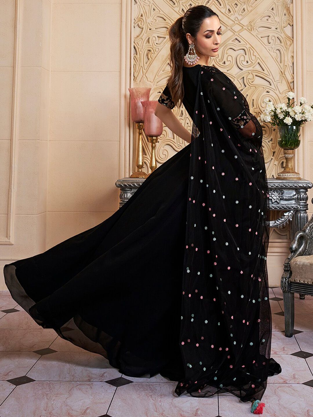 Black Floral Embroidered Sequinned Georgette Anarkali Kurta With Dupatta
