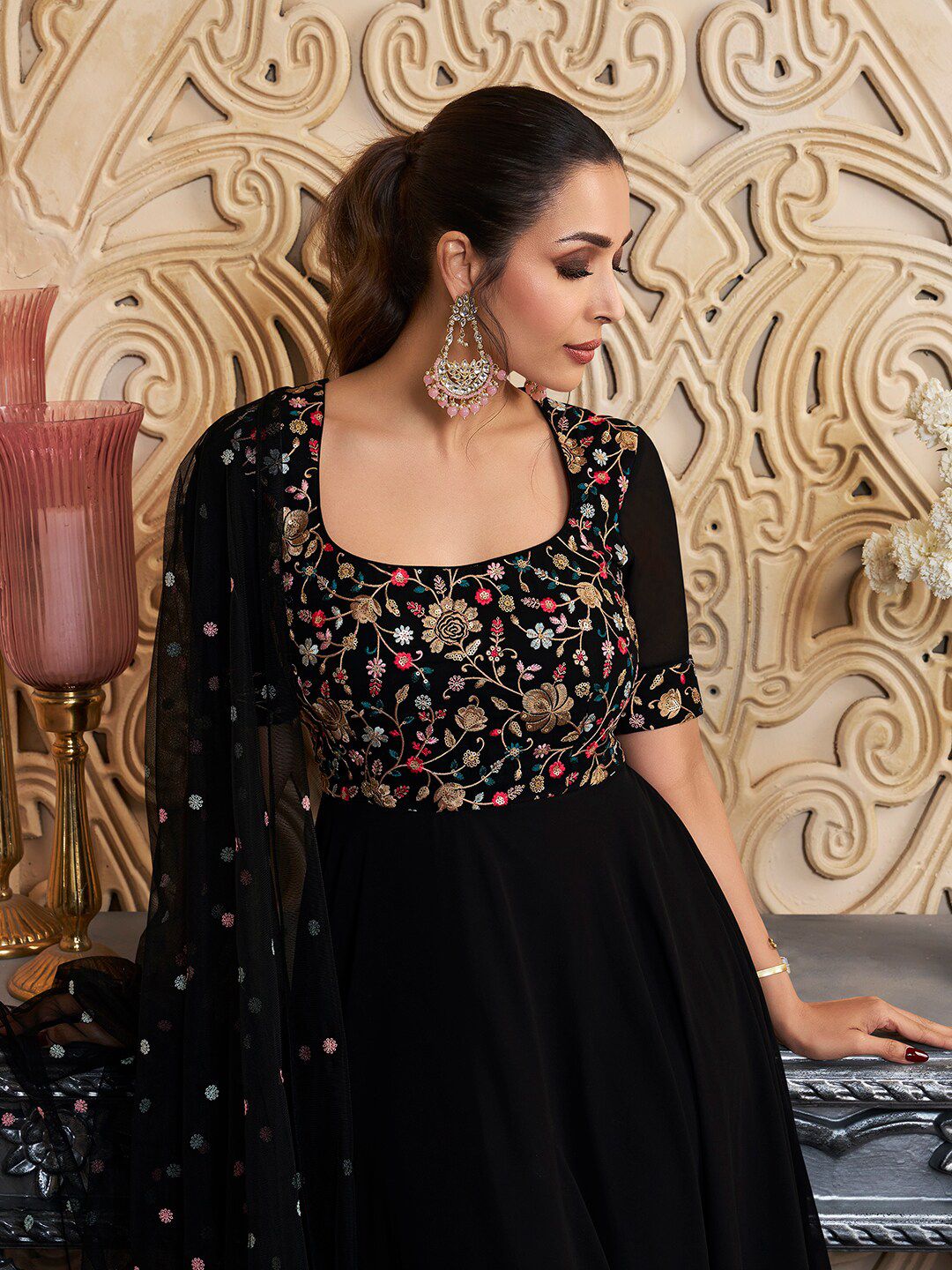 Black Floral Embroidered Sequinned Georgette Anarkali Kurta With Dupatta