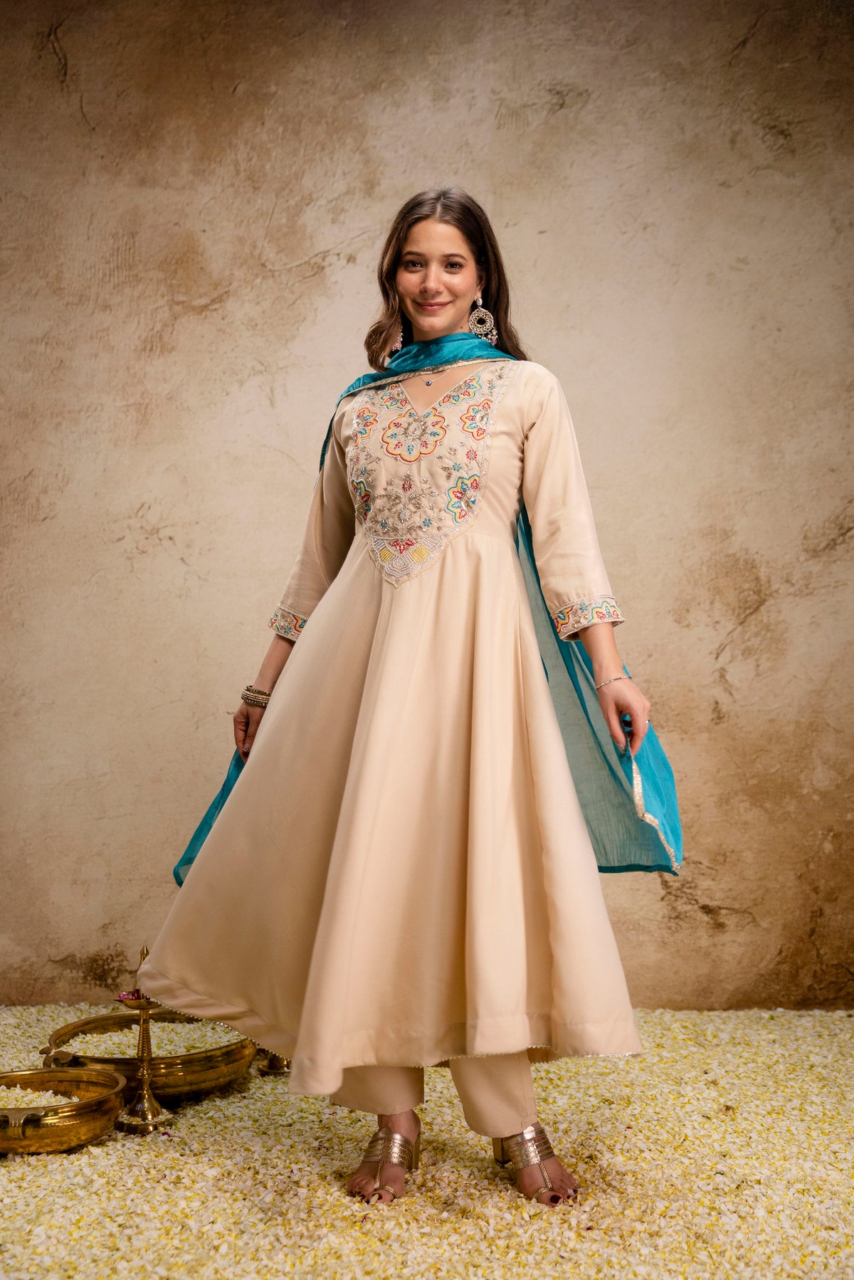Elegant Chanderi Kurti Pant Set paired with a beautiful Chinon Dupatta