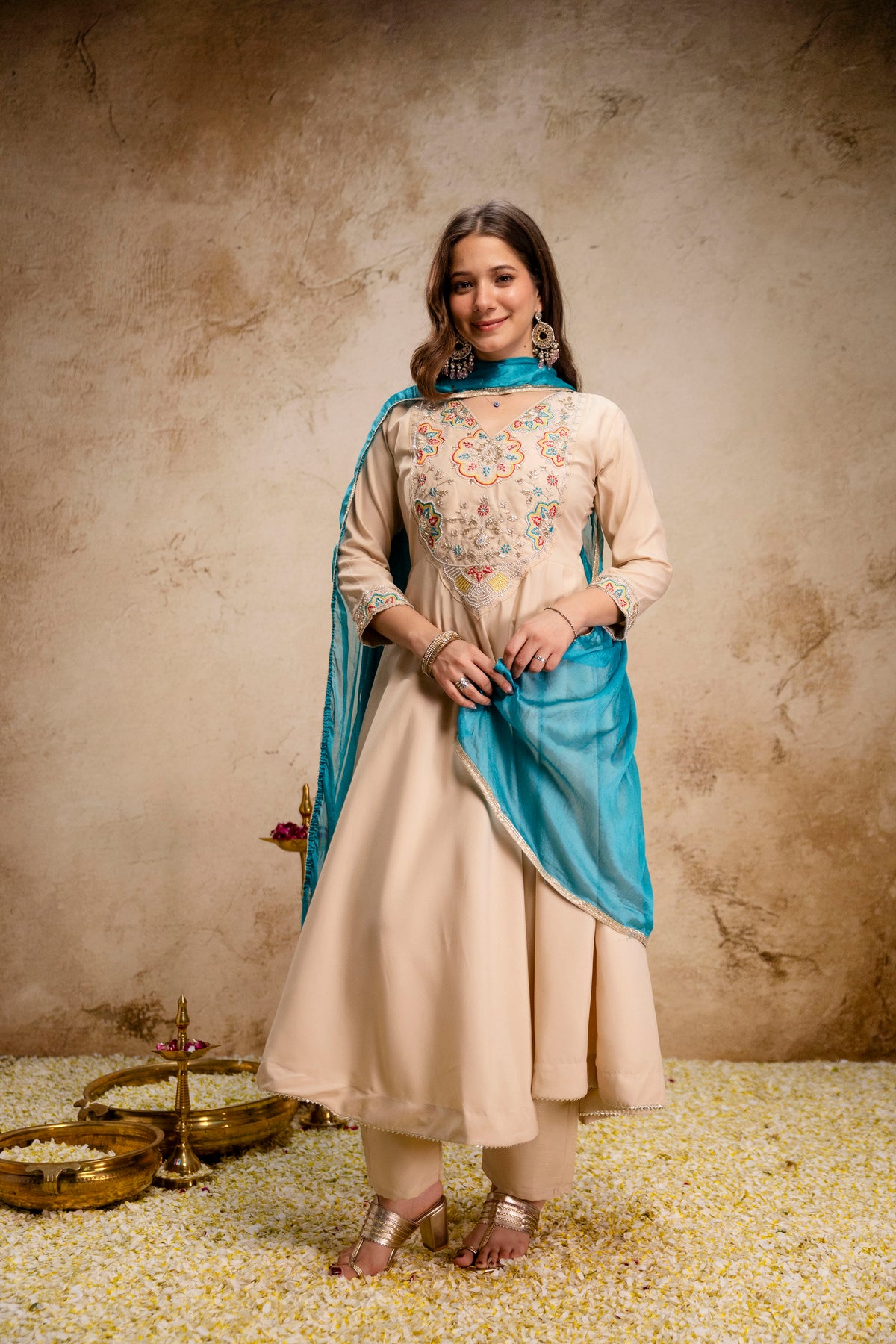 Elegant Chanderi Kurti Pant Set paired with a beautiful Chinon Dupatta