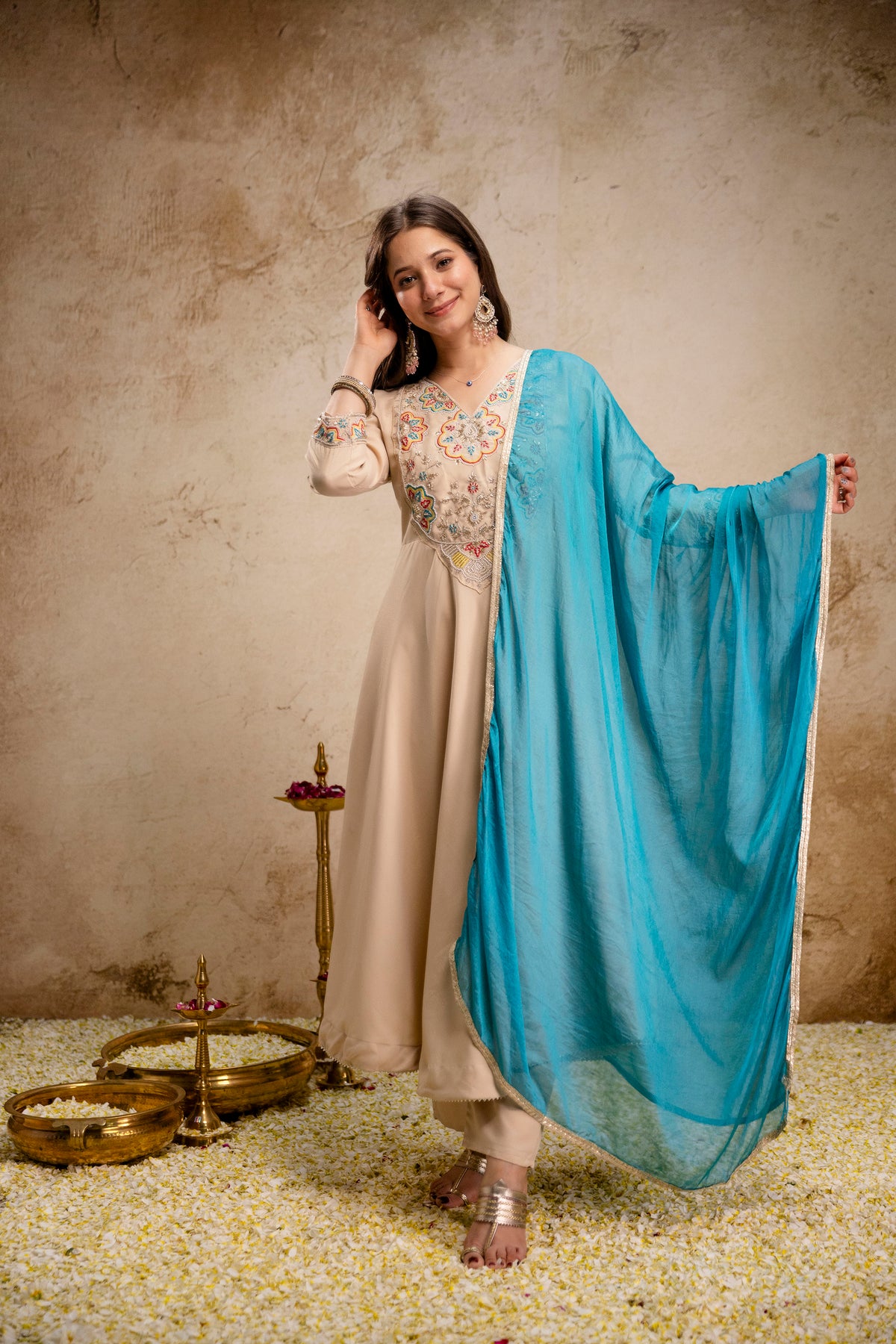 Elegant Chanderi Kurti Pant Set paired with a beautiful Chinon Dupatta
