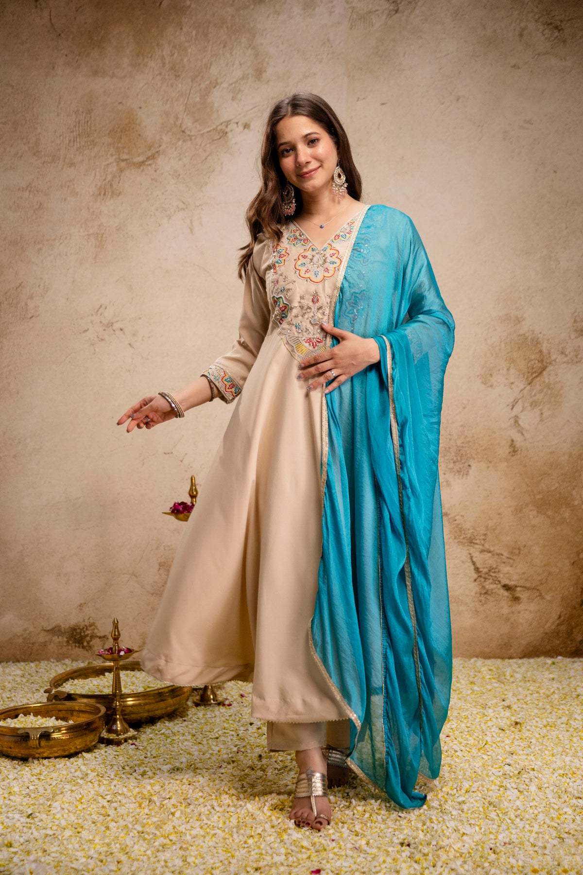 Elegant Chanderi Kurti Pant Set paired with a beautiful Chinon Dupatta