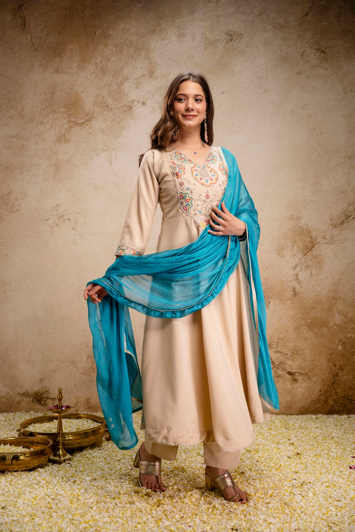Elegant Chanderi Kurti Pant Set paired with a beautiful Chinon Dupatta