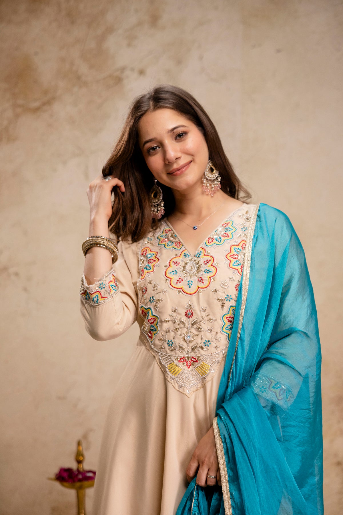Elegant Chanderi Kurti Pant Set paired with a beautiful Chinon Dupatta