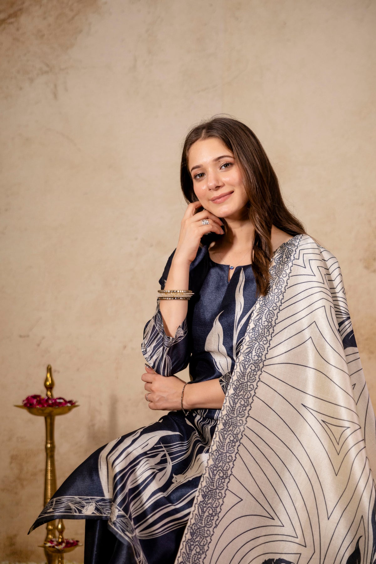Women’s Soft Assam Silk Digital Printed Kurta Pant Set with Keyhole  Neck with printed Dupattaa