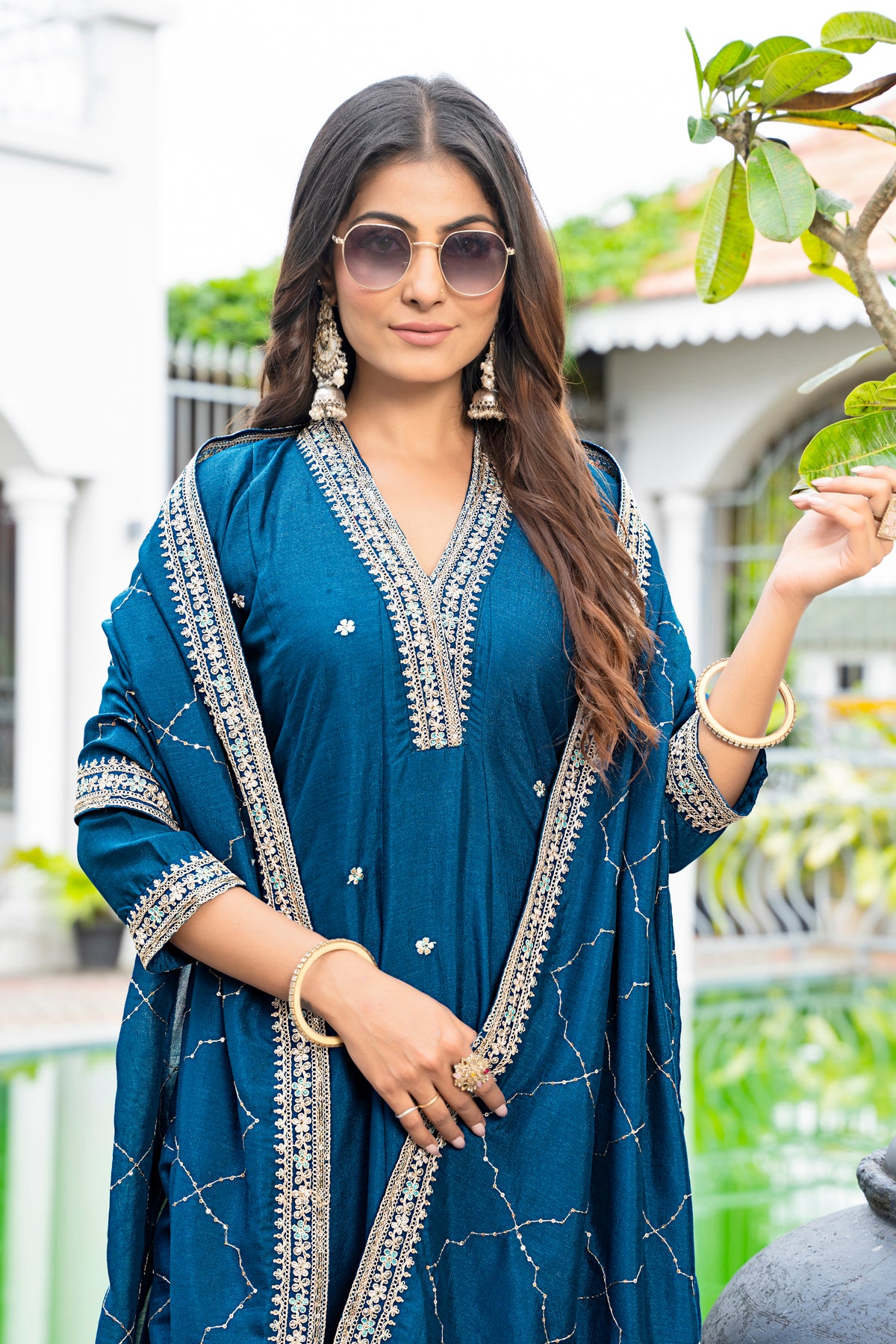 Women's Embroidered Anarkali and Pant with Dupatta Set