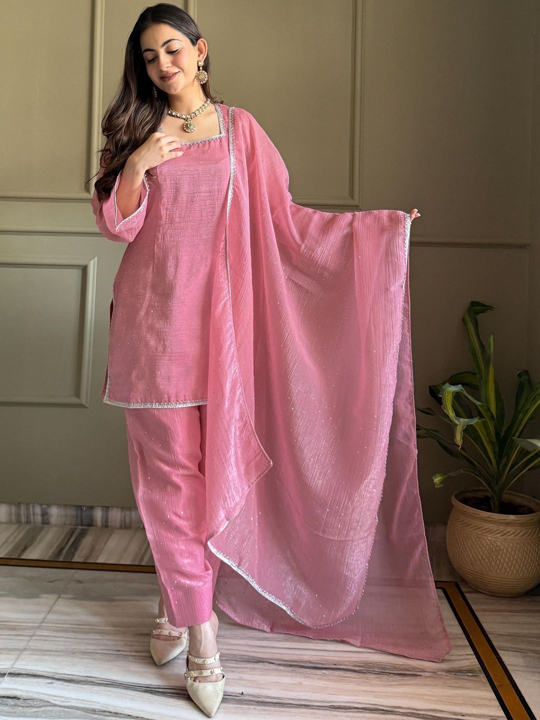 Women's Elegant Pink Crinkle Kurta Pant Set with Dupatta & Sequin Work
