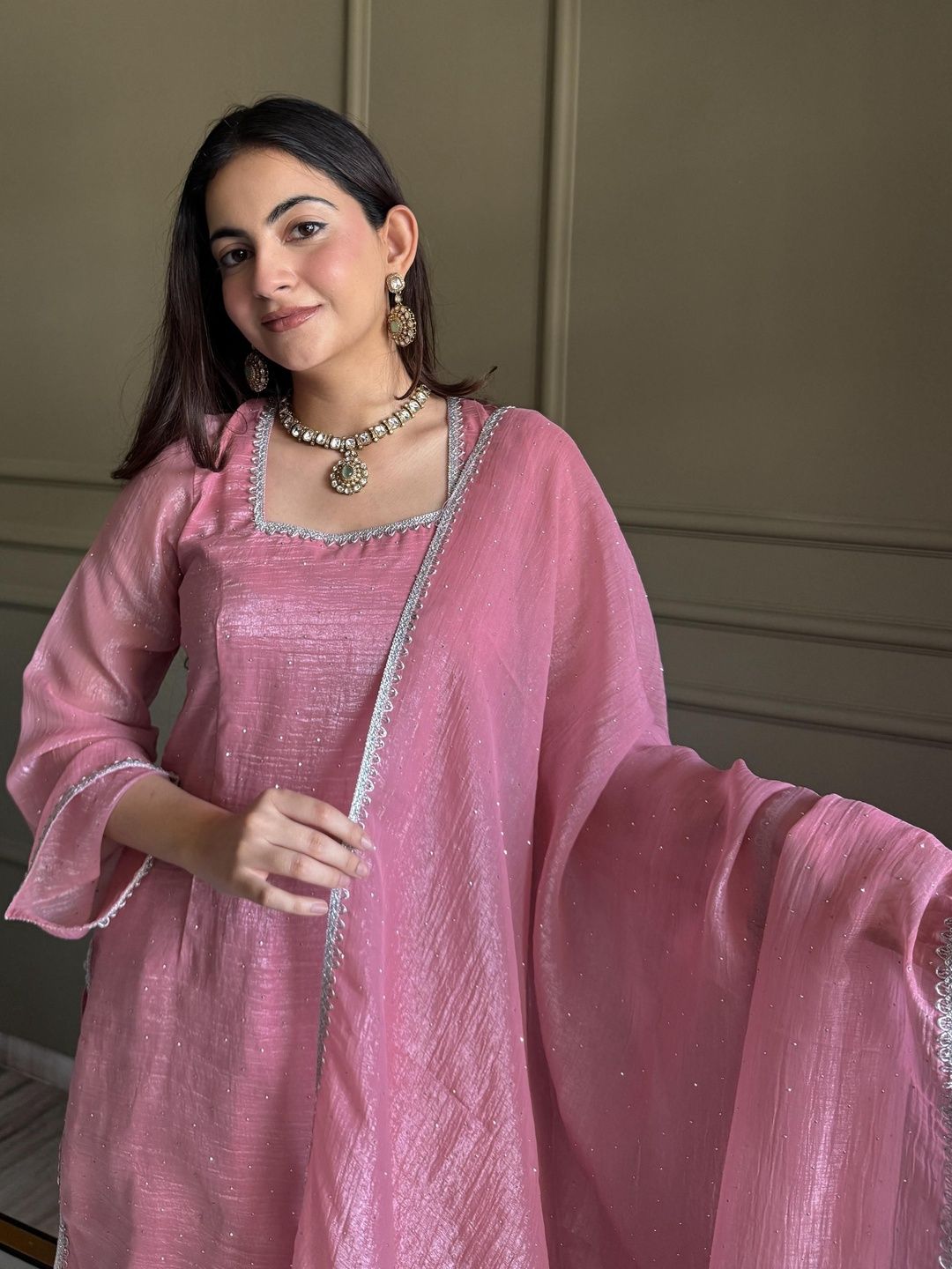 Women's Elegant Pink Crinkle Kurta Pant Set with Dupatta & Sequin Work