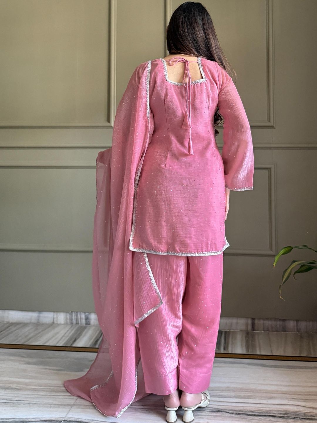 Women's Elegant Pink Crinkle Kurta Pant Set with Dupatta & Sequin Work