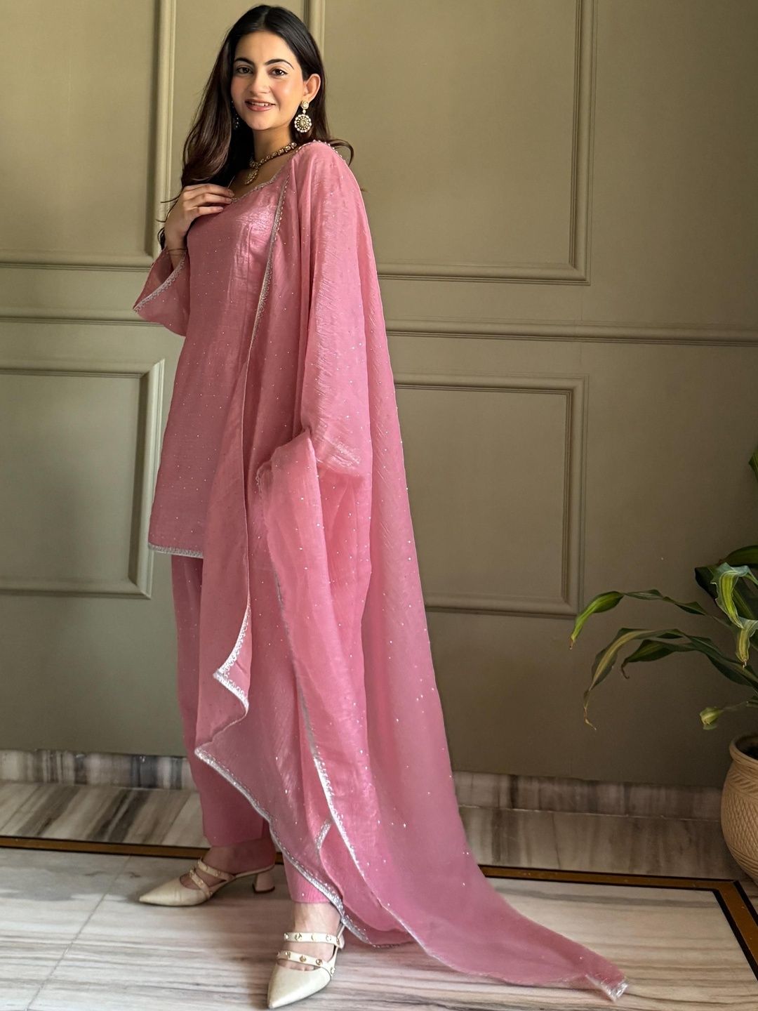 Women's Elegant Pink Crinkle Kurta Pant Set with Dupatta & Sequin Work