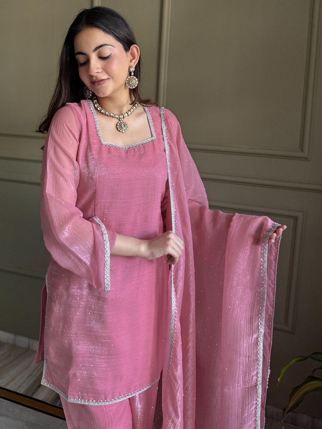 Women's Elegant Pink Crinkle Kurta Pant Set with Dupatta & Sequin Work