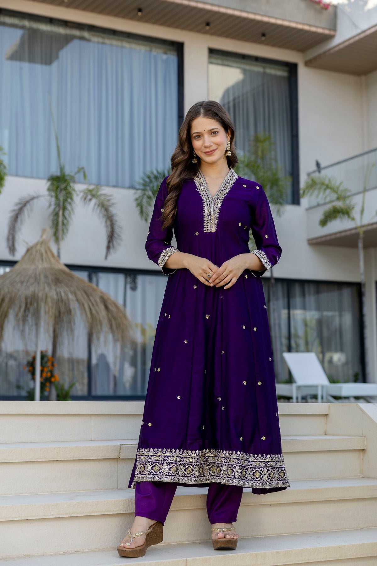 Women's Embroidered Anarkali and Pant with Dupatta Set