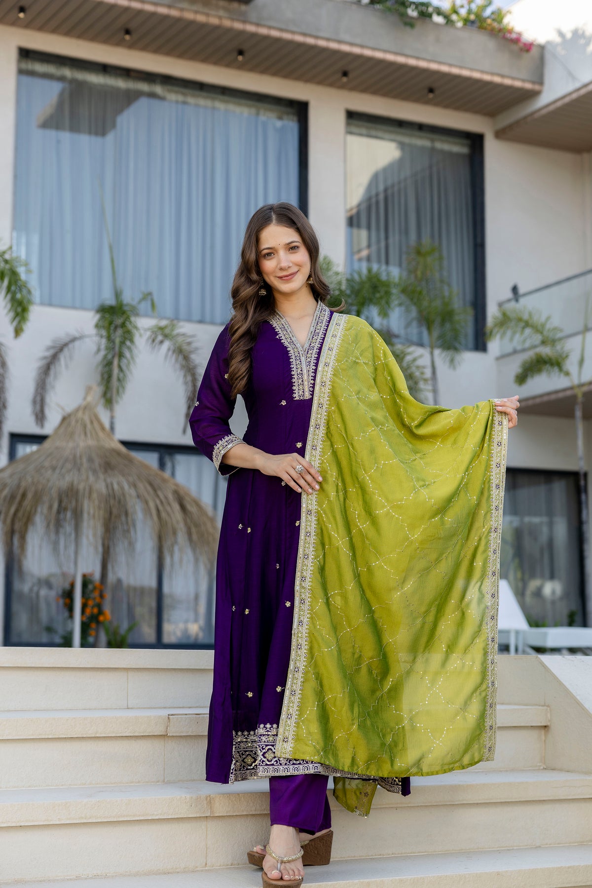 Women's Embroidered Anarkali and Pant with Dupatta Set