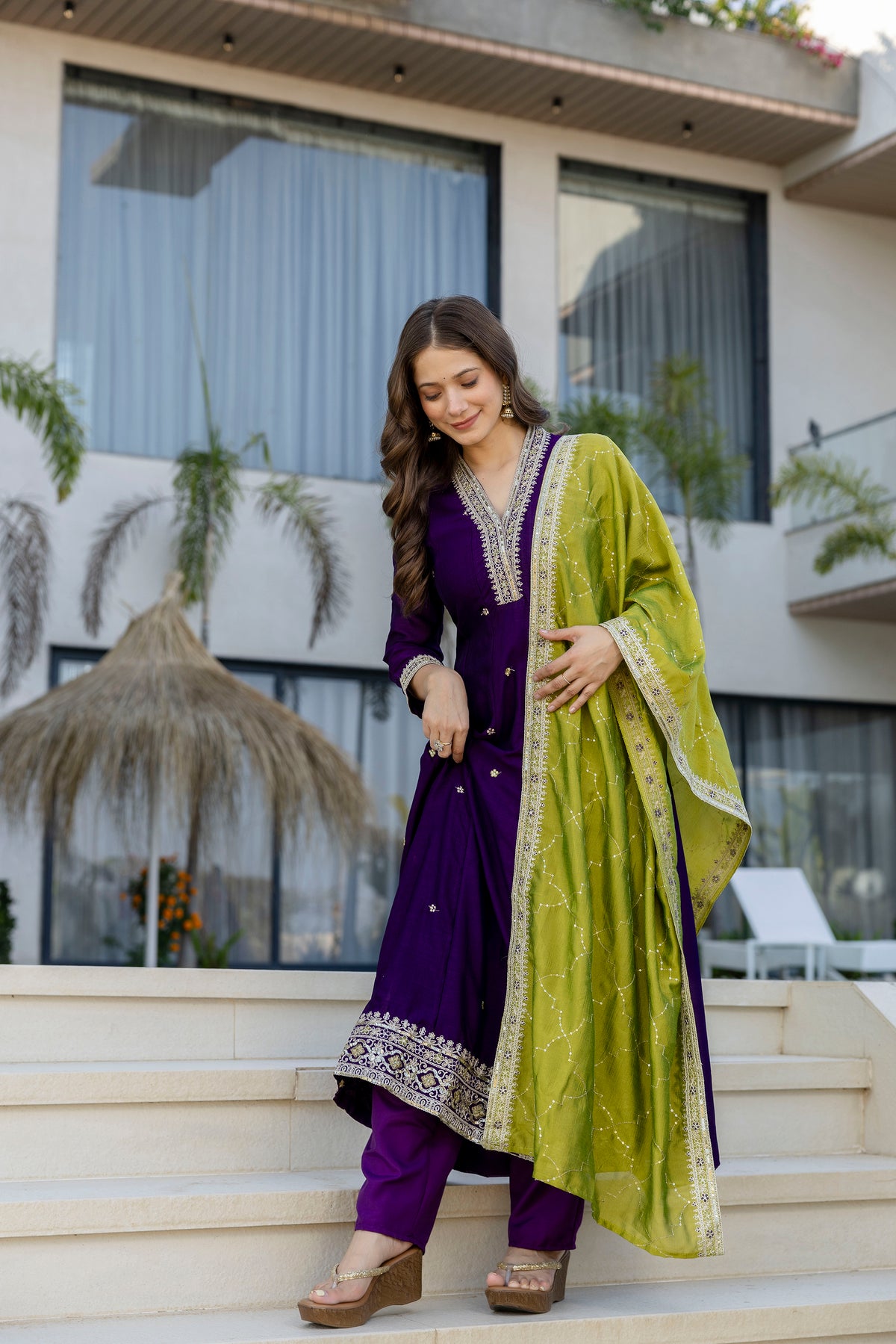 Women's Embroidered Anarkali and Pant with Dupatta Set