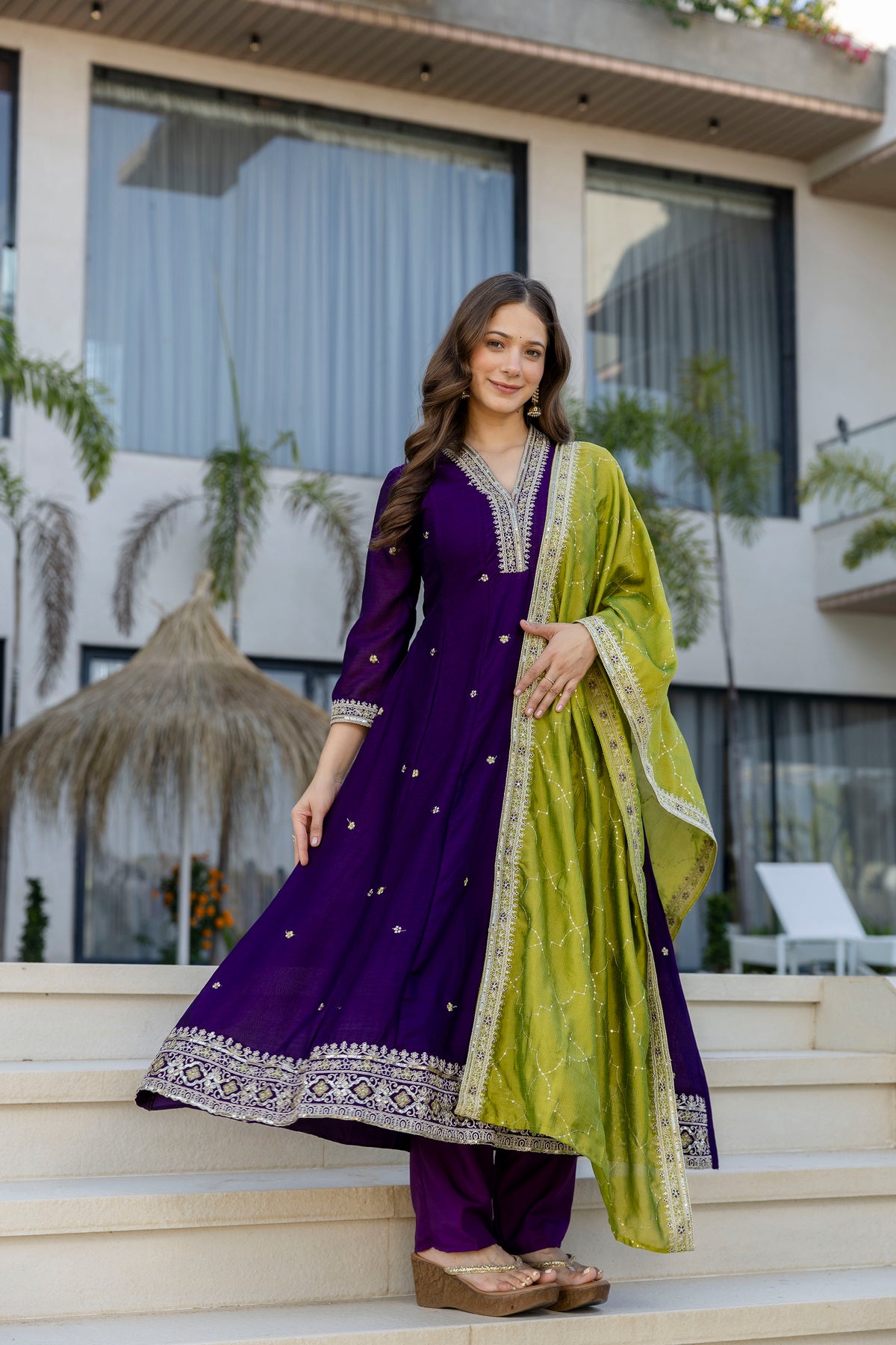 Women's Embroidered Anarkali and Pant with Dupatta Set