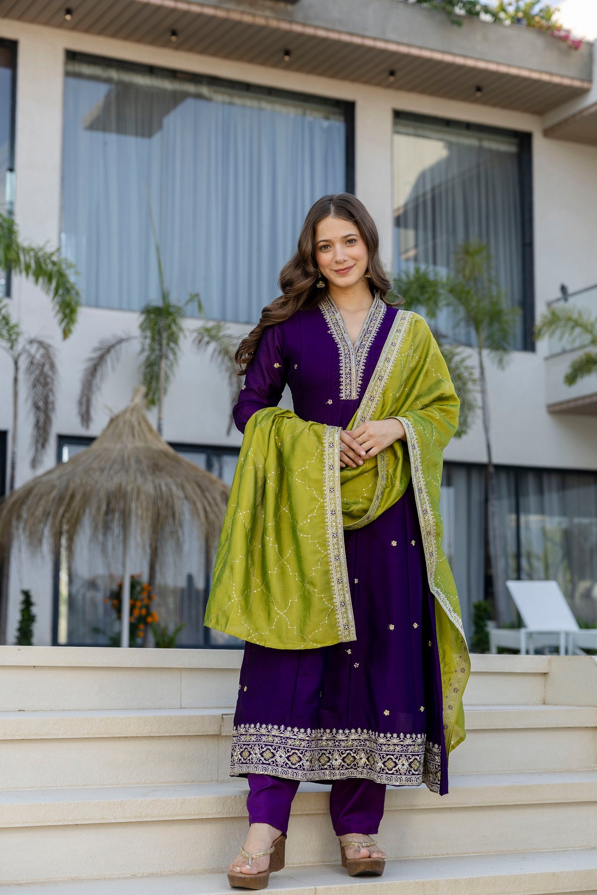 Women's Embroidered Anarkali and Pant with Dupatta Set
