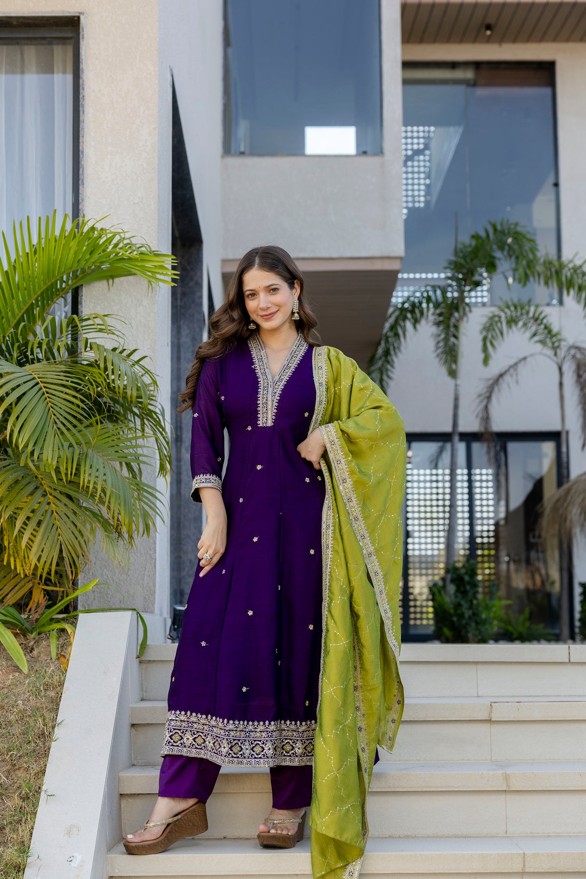 Women's Embroidered Anarkali and Pant with Dupatta Set