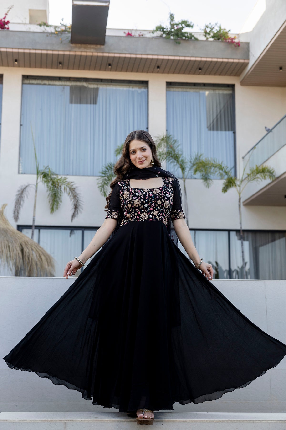 Black Floral Embroidered Sequinned Georgette Anarkali Kurta With Dupatta