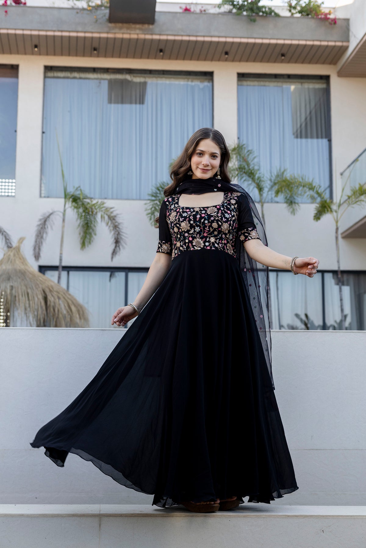 Black Floral Embroidered Sequinned Georgette Anarkali Kurta With Dupatta